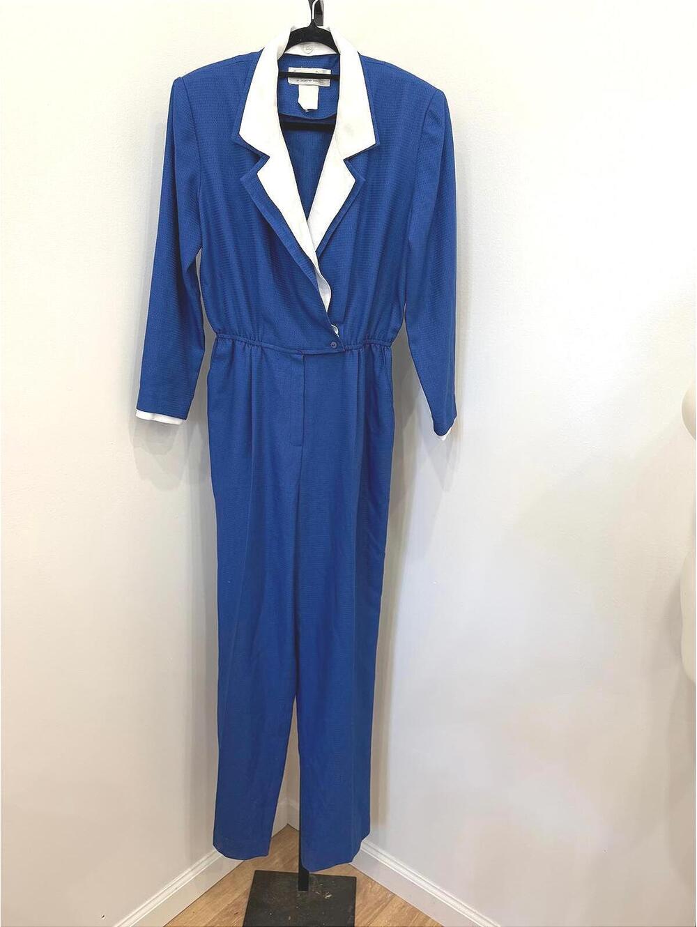Vintage California Dreaming Blue Jumpsuit with White Trim Collar and Cuffs